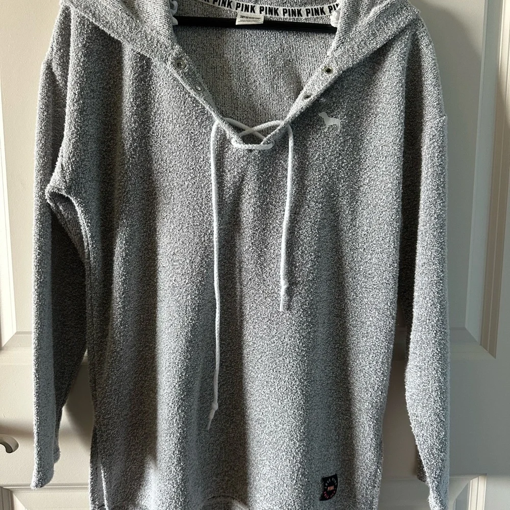 PINK Victoria’s Secret Lace-Up Hooded Sweater Pullover Gray Logo Back Size S - Picture 2 of 7